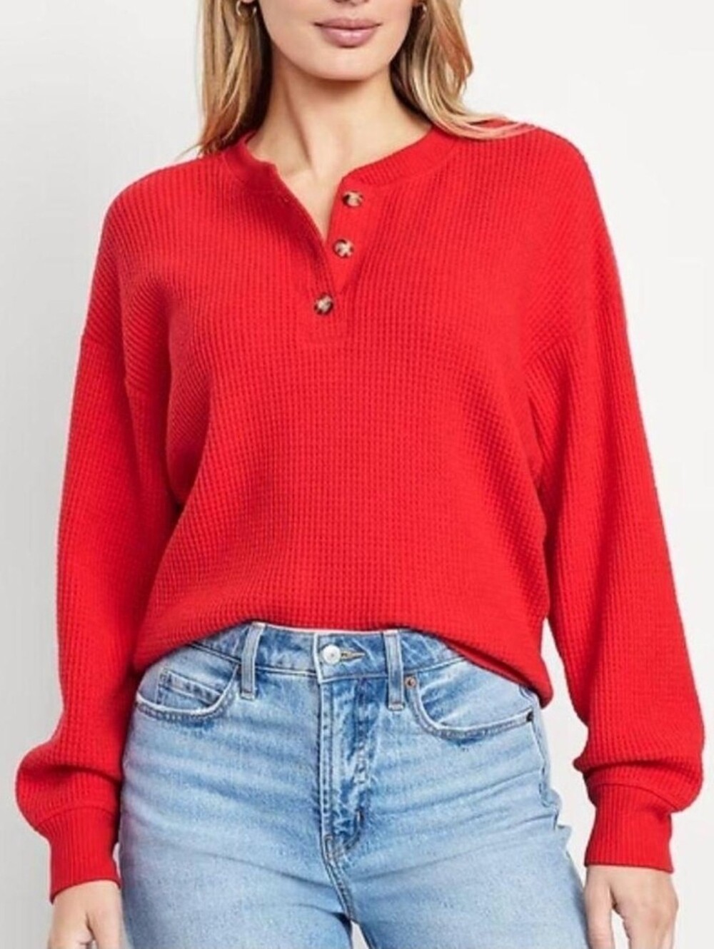 Old Navy Women's Waffle Knit Henley Top Long Sleeve Solid Red Size M